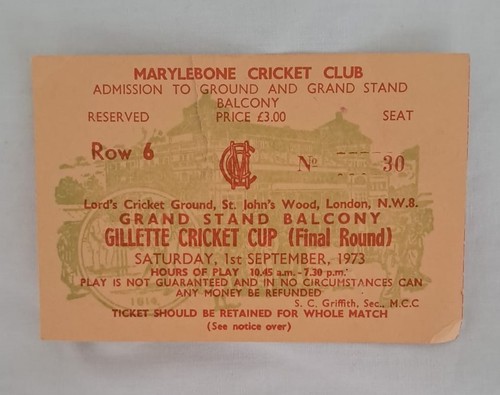 1973 gillette cup final ticket - gillette,